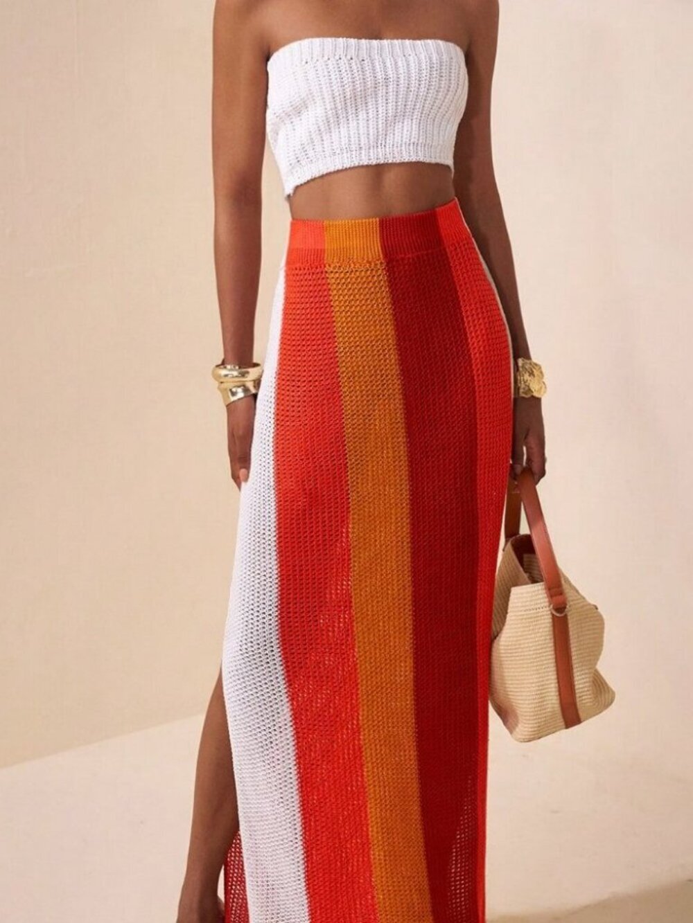 Multicolor Sexy Women's Tube Top Slim Knitted Sweater Vest and Skirt Set